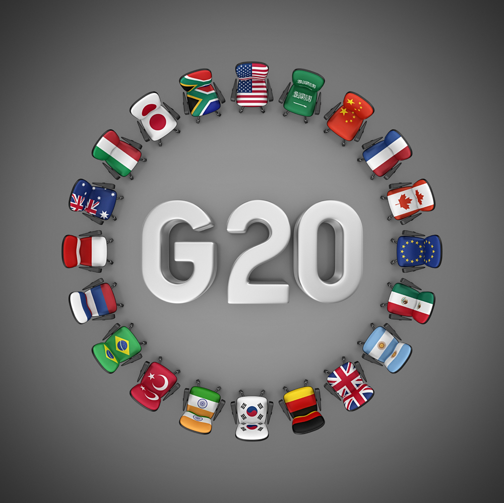 Circle with maps of member nations and G20 written inside circle