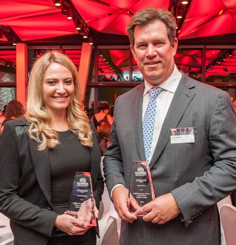 Karl Morris and Sarah Bairstow, Griffth Business School alumni, pictured with their awards.