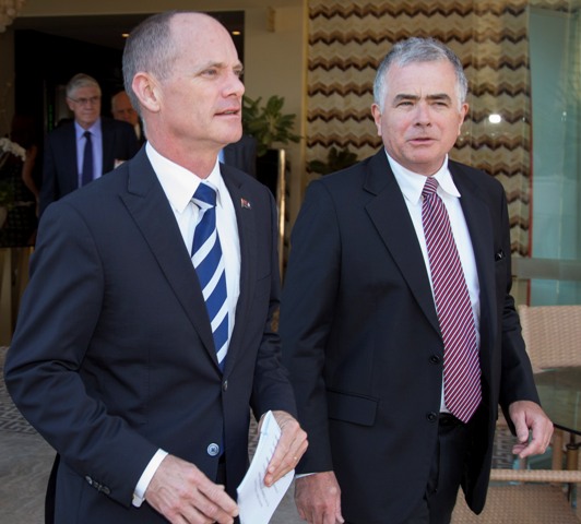 Campbell Newman and Ian O'Connor walking side by side.