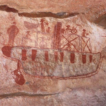 Rock painting of a ship at Djulirri with crew shown with hands on hips