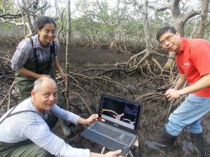 From left, Australian Rivers Institute's Dr Jan Warnken, HDR student Ms Shafagh Kamal and Professor Joe Lee work with Kinect technology