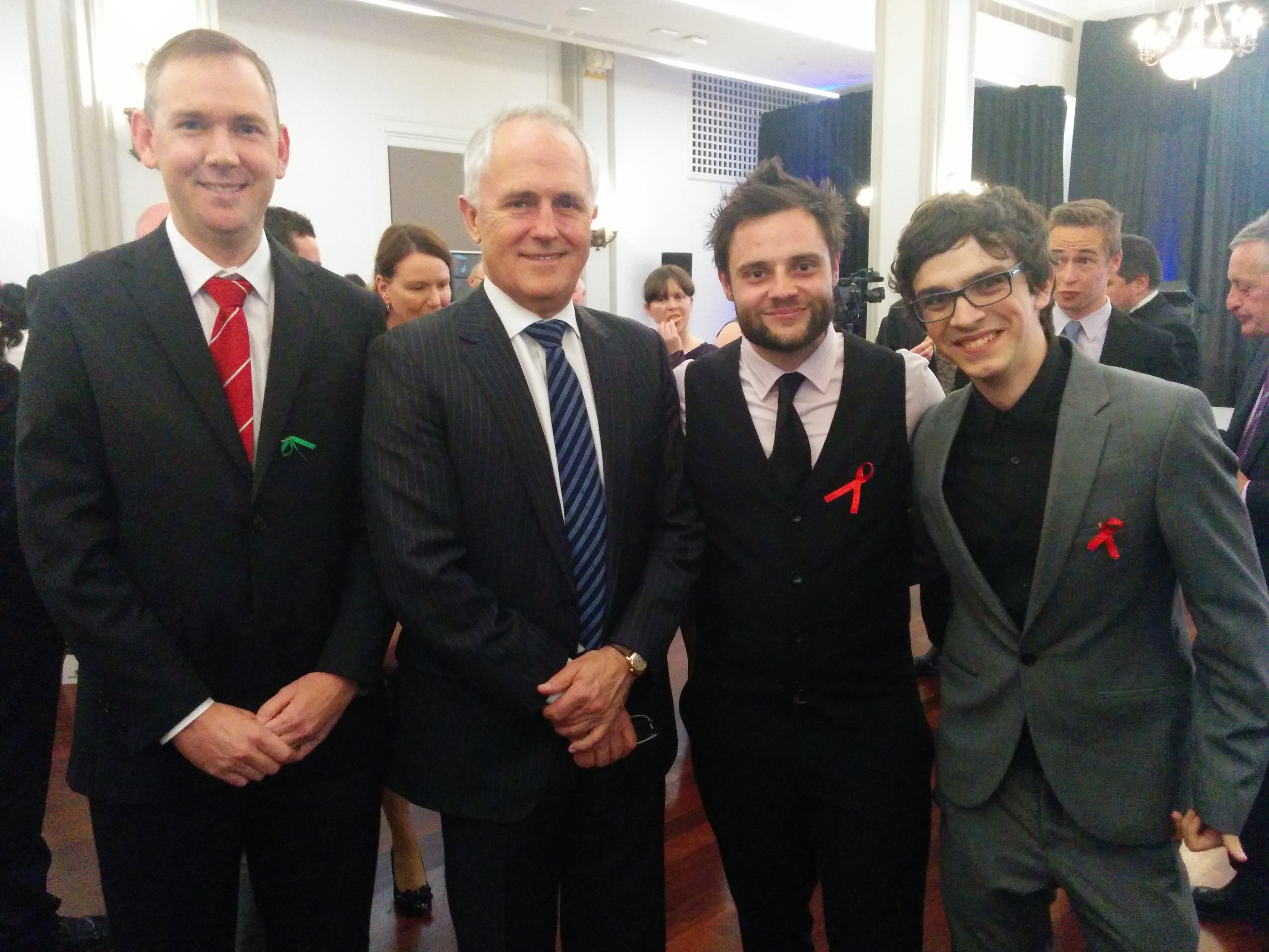 From left, Dr Jolon Faichney, Federal Minister for Communications Mr Malcolm Turnbull, Griffith graduate Mick Davies and ICT student Jordan Gardiner