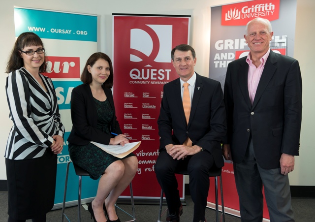 Jodie Powell, Communities Editor, Quest; Peta Fuller, Reporter, Quest; Lord Mayor Graham Quirk; Professor Russell Trood, Chair, Griffith University G20 Taskforce.