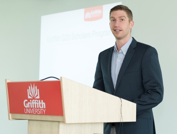 Samuel Glen addresses the launch of Griffith's G20 Scholars Program.
