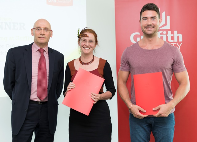 Sustainability awards winners Catherine Pickering and Mark Ballantyne with Prof Martin Betts.