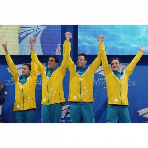 Gold medal winning Australian swimmers on the victory dais