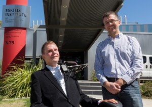Perry Cross, in wheelchair, with Dr James John from the Eskitis Institute
