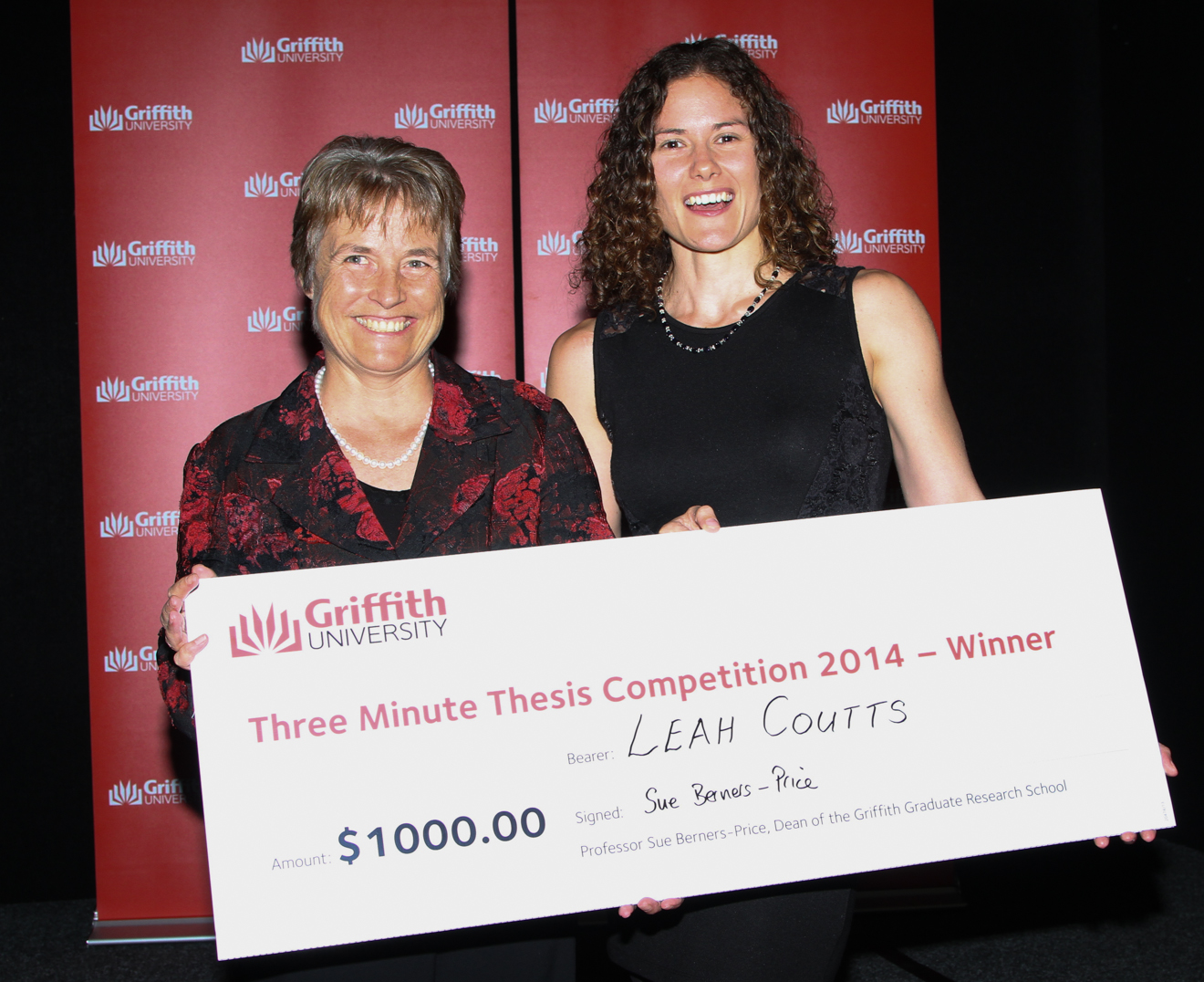 Dean of the Griffith Graduate Research School, Professor Sue Berners-Price and winner of the 2014 Three Minute Thesis Challenge, PhD candidate, Leah Coutts