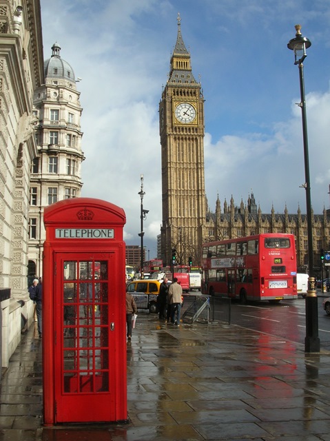London setting with classic red telephone box and Big Ben in background.