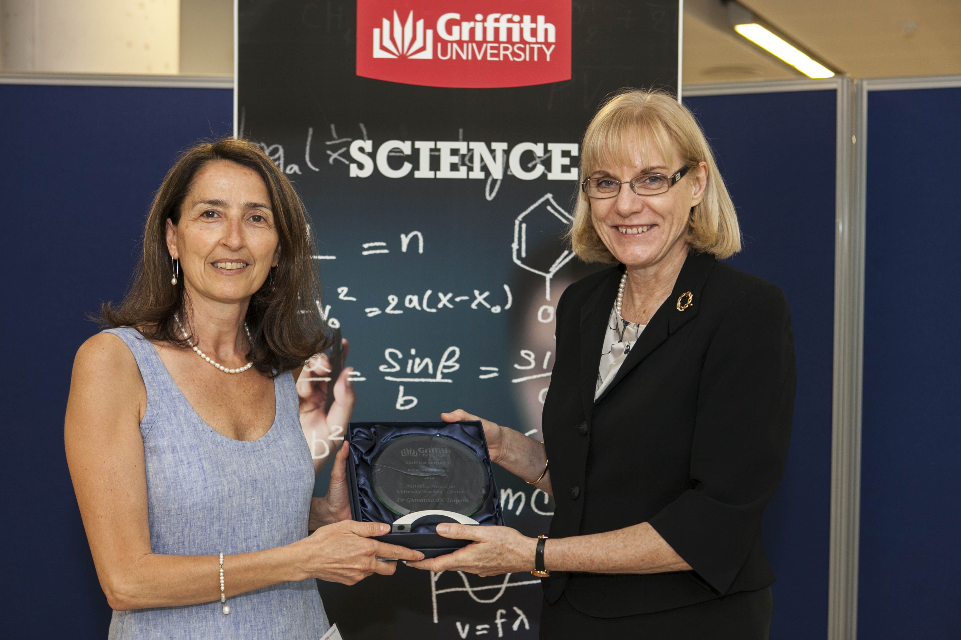 From left: Dr Giovanna Di Trapani (School of Natural Sciences) receives the Australian Award for University Teaching Citation from Pro Vice Chancellor Professor Debra Henly