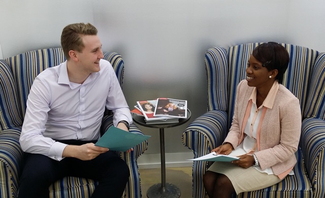 Griffith business graduate Sherifaye Jalloh with Dan Ross, a senior analyst (research) at Oliver Hume (Qld).