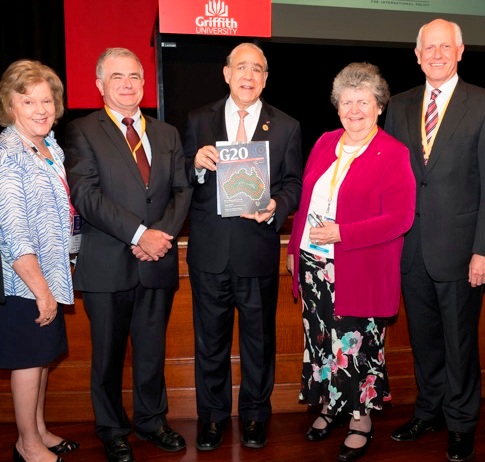 At the Pre G20 Summit: From left: former Brisbane Lord Mayor Sallyanne Atkinson, Griffith Vice Chanceloor Professor Ian O'Connor, OECD Secretary General Mr Angel Gurria, Griffith Chancellor The Honourable Ms Leneen Forde and the Chair of Griffith G20 Task Force, Mr Russell Trood