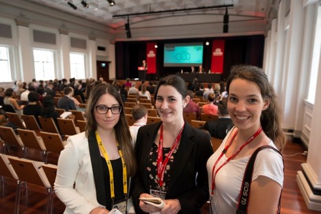 Audrey Couity (left) and Kim McCosker (right) will be among the group of Griffith students attending Barack Obama's speech on Saturday. They are photographed with Jodie Dean at the Pre Summit Conference in Brisbane.