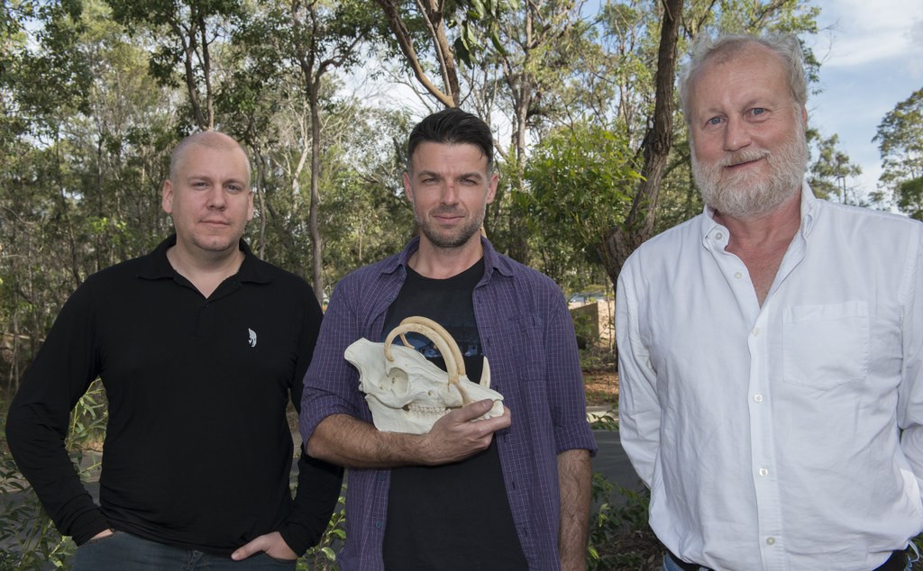 From left, Dr Maxime Aubert, Dr Adam Brumm and Professor Paul Tacon, Griffith's Chair in Rock Art Research