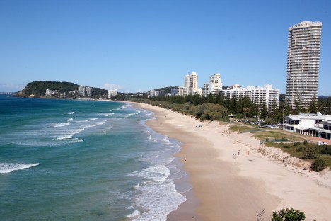 View of Burleigh beach, including high rise and ocean
