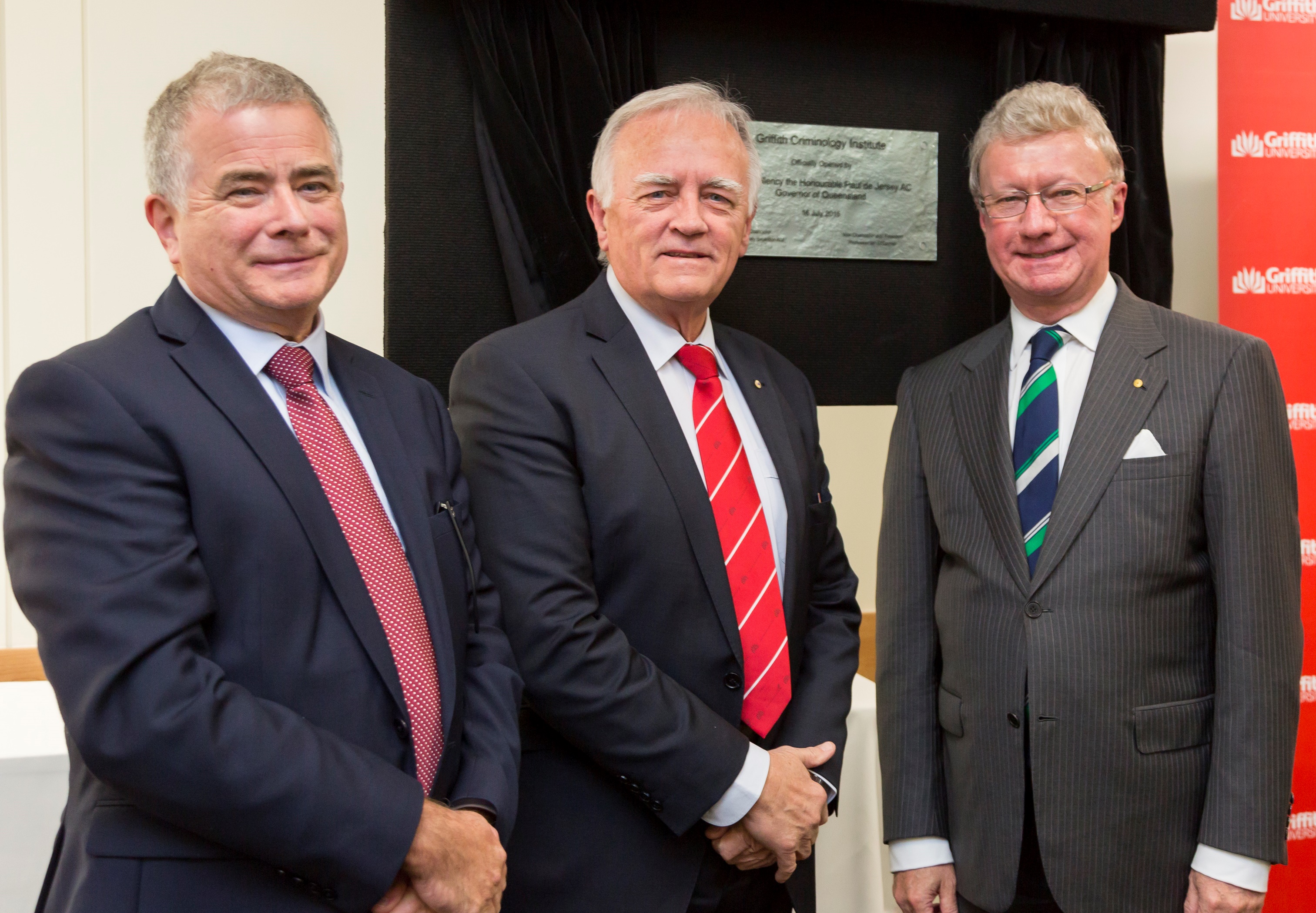 Vice Chancellor Ian O'Connor, Chancellor Henry Smerdon and His Excellency, Paul de Jersey at the opening of the Griffith Criminology Institute.