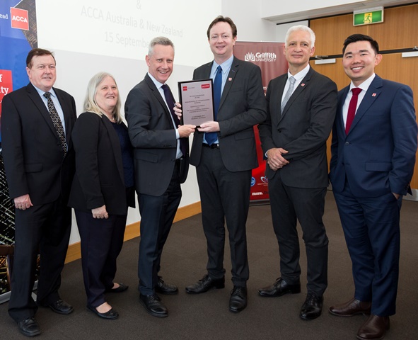 Professor Peter Best, Professor Christine Smith (Acting Pro Vice Chancellor, Business) and Academic Provost Professor Adam Shoemaker with Mr Stephen Shields, Mr Julian Boram and Mr Richard Bai from the Association of Chartered Certified Accountants.
