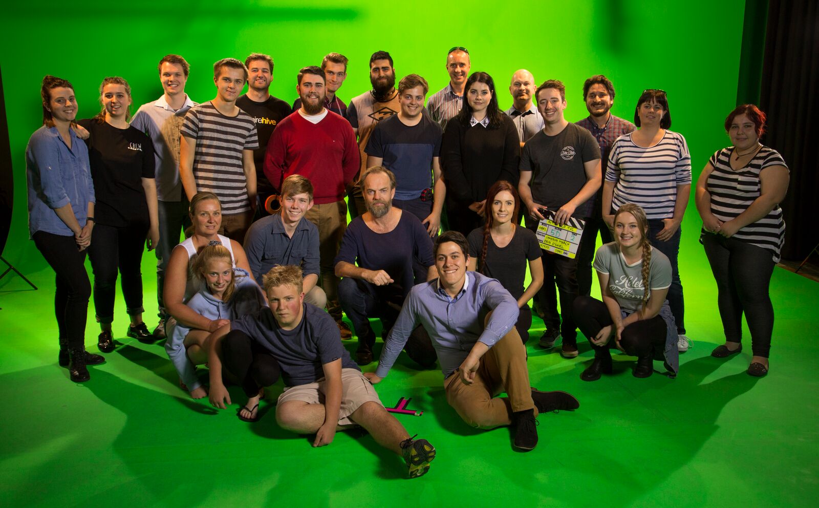 Hugo Weaving with Griffith Film School students. Photo by Nicholas Billot.