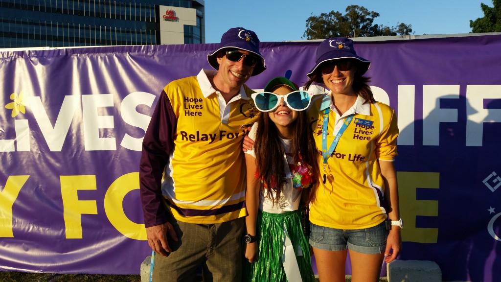 Gold Coast Relay for Life organiser Steve Harris, student Silvana Boulas and Kelly Armstrong, Relay Events and Activities Lead.