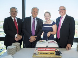 Griffith Vice Chancellor Prof Ian O'Connor, Griffith Chancellor Prof Henry Smerdon, The Honourable Kate Jones MP, Minister for Education and Minister for Tourism, Major Events, Small Business and the Commonwealth Games and Gold Coast 2018 Commonwealth Games Corporation Chairman Nigel Chamier OAM. 