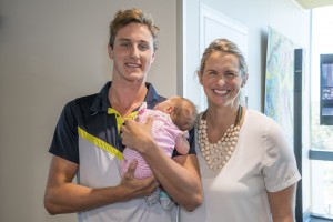 Griffith student and elite athlete Cameron McEvoy with Griffith Alumni and Olympian Libby Trickett with her new baby. 