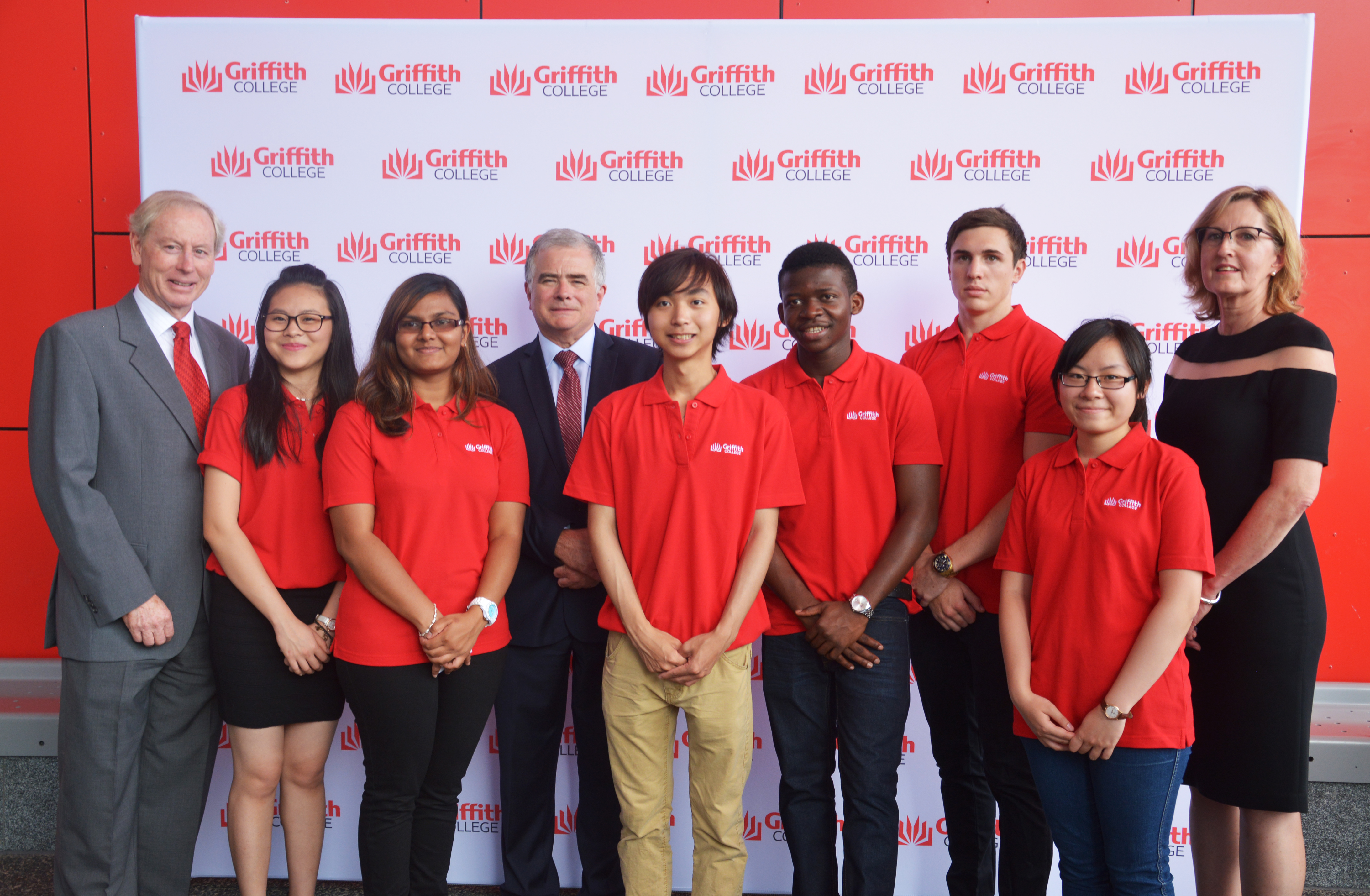 Navitas Group CEO University Programs Professor John Wood, Griffith University Vice Chancellor and President Professor Ian O'Connor and Griffith College Director and Principal Leigh Pointon with Griffith College student ambassadors at the Griffith College launch.
