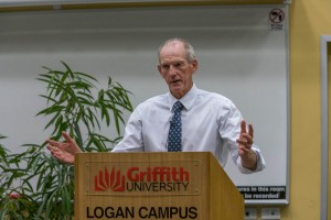 Broncos coach Wayne Bennett AM addressing future students at Logan Campus.
