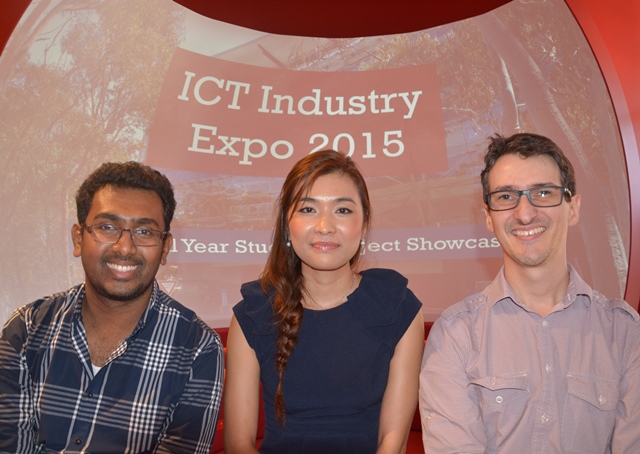 Mihita Kankanamge (left), Mint Onta and Sam McCormick from the team that won the People's Award at the ICT Industry Expo.
