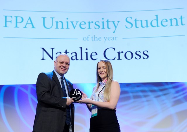 Neil Kendall, Chair of the FPA, presents Natalie Cross with her award.