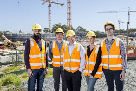 Griffith students interning at Grocon, who is building the Parklands Projects - Dean Barker, Brent Lauder, David McClelland, Caitlin Virtue and Kristian Santro.