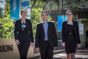 Bachelor of Laws students and Minter Ellison interns Maddie Lacy, Christian LeCordier and Courtney Dalton.