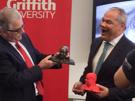 Griffith University Vice Chancellor Professor Ian O'Connor presents Gold Coast Mayor Tom Tate with a 3D printed bust