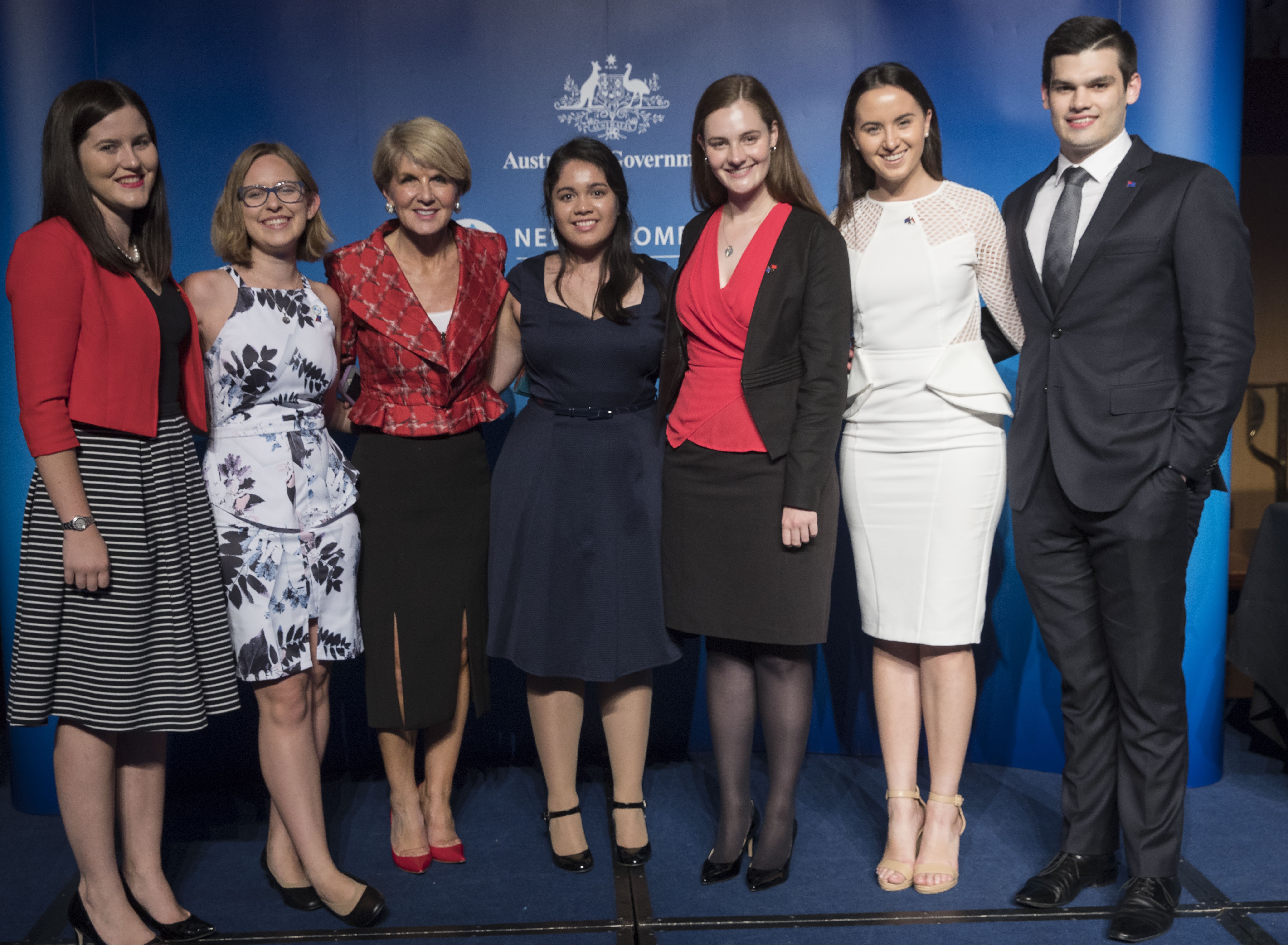 New Colombo Plan recipients with Minister for Foreign Affairs Julie Bishop. From left Leah Brokmann,Molly Jackson, Kim Johnston, Elizabeth Dowrie, Georgia Toft and Shaun Milligan.