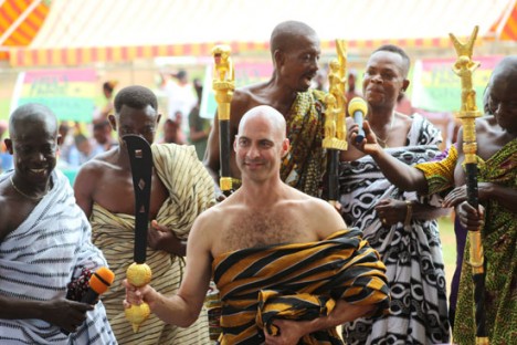Dr Kerry Kriger pictured in native Ghanaian dress during the tribal chief ceremony in Ghana