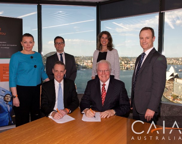 An industry link between Griffith Business School and the Chartered Alternative Investment Analyst Association has been set up. Dr Graham Bornholt (front right) represented Griffith Business School at the formal signing of the partnership.