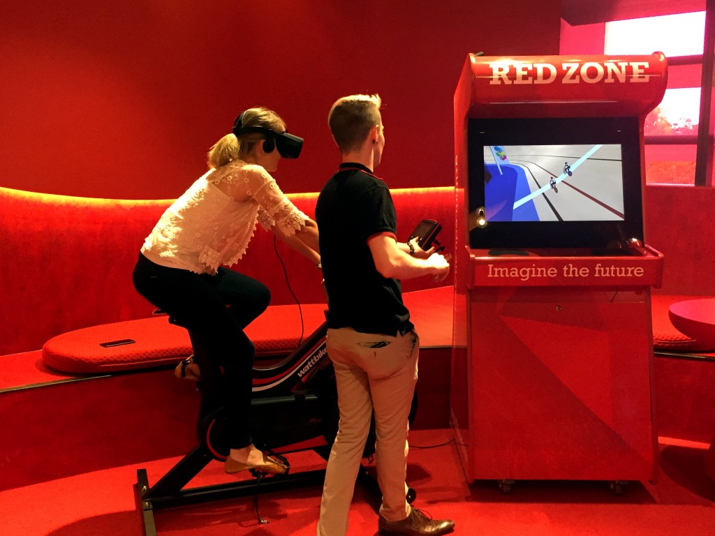 Students test their skill and stamina in the state-of-the-art virtual reality track cycling game at Griffith Red Zone