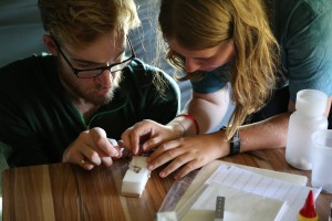 Emma Dale and fellow researcher studying a beetle