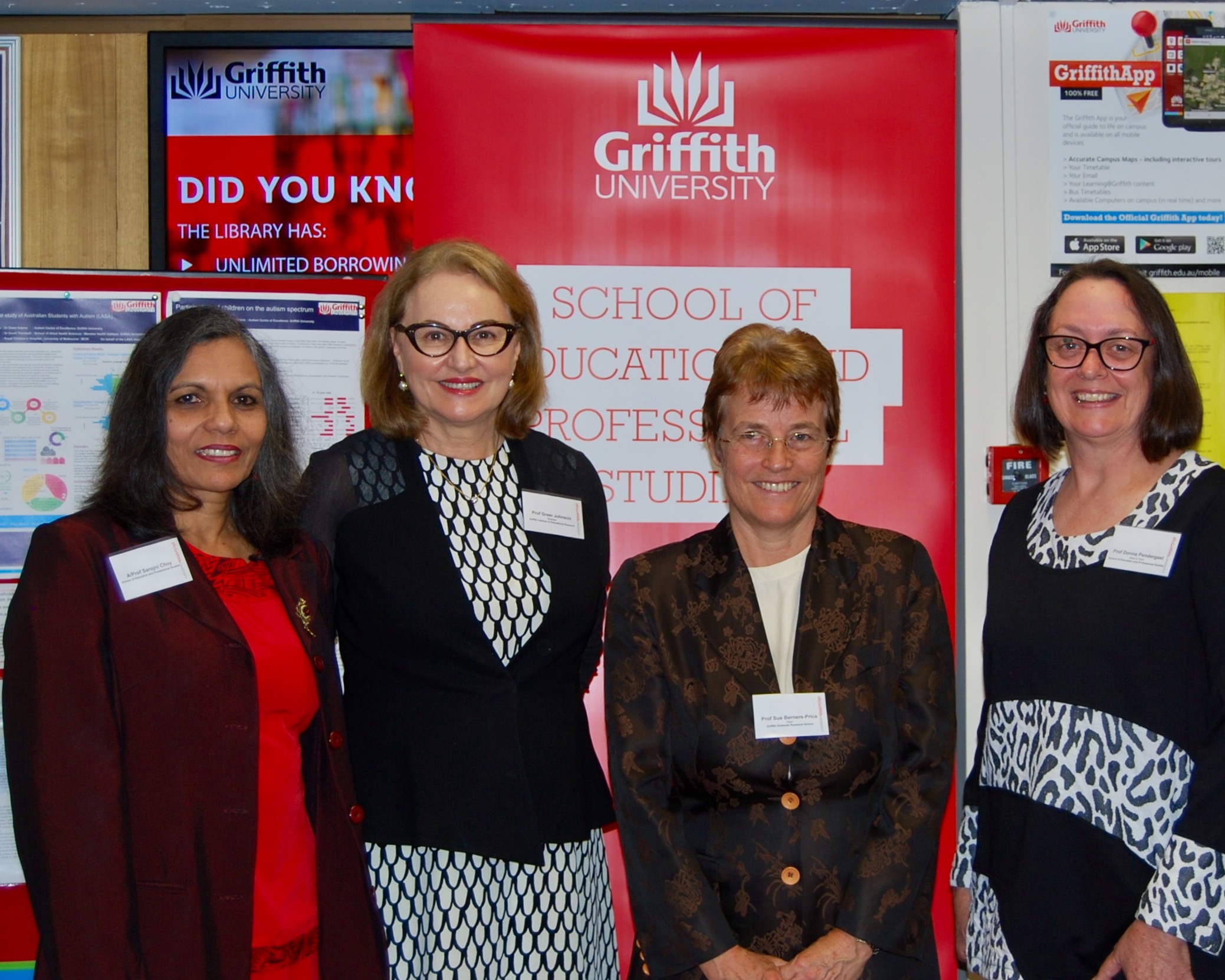 Assoc Prof Sarojni Choy, Professor Greer Johnson, Professor Sue Berners-Price and Professor Donna Pendergast at the launch of Education's Research Week at Mt Gravatt campus.