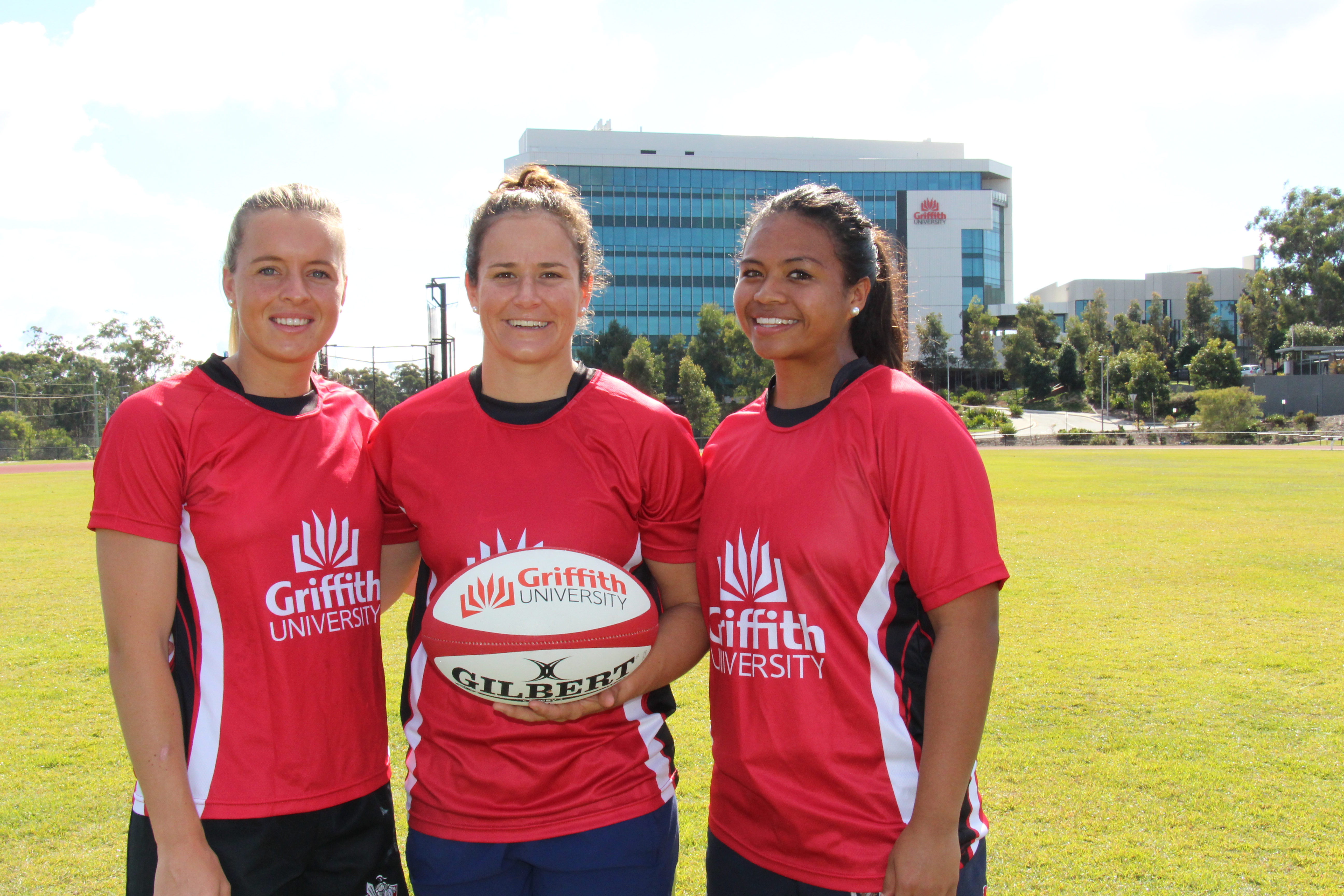 Lauren Brown, Shannon Parry and Taylor-Adeline Mapusua at the announcement of the Griffith squad to contest the Women's Aon Uni 7s Series.