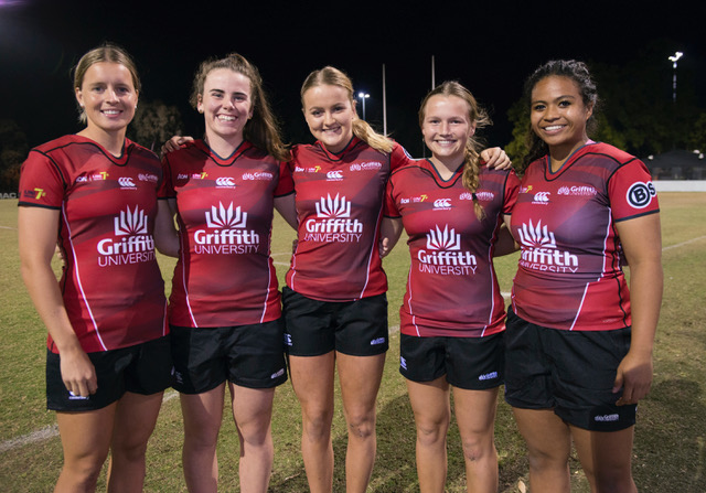 Lauren Brown (left), Eliza Flynn, Katie Curtis, Laura Waldie and Taylor-Adeline Mapusua are the current Griffith students who will take part in the Aon Uni 7s Series kicking off this weekend.