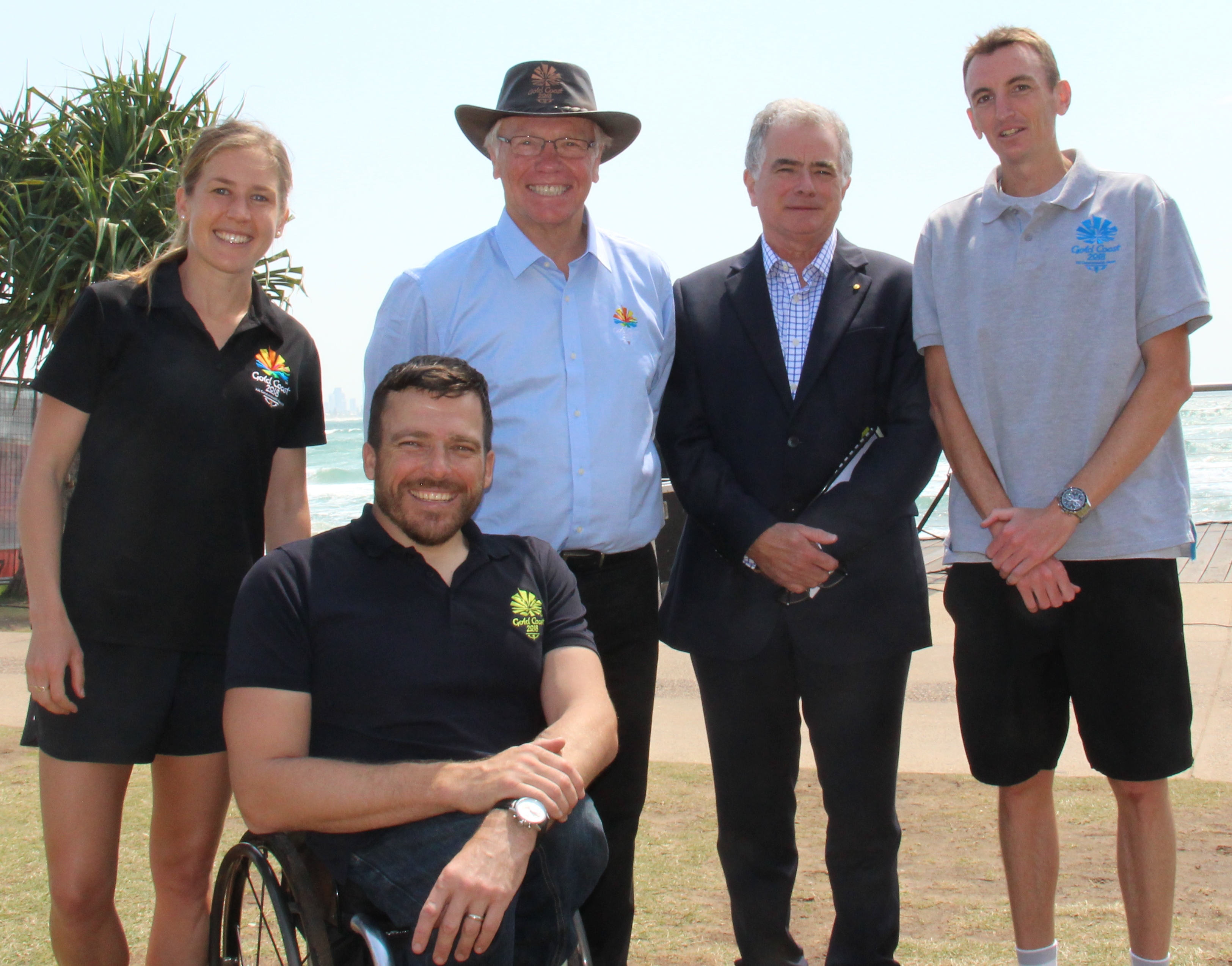 Profeossor Ian O'Connor AC pictured with marathon champions, Kurt Fearnley OAM (front), Michael Shelley and Jessica Trengove, and GOLDOC CEO Peter Beattie AC at the announcement of the GC2018 marathon route.