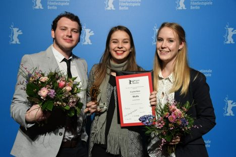 Griffith Film School student Claire Randall (centre), with graduates Lachlan Morton and Shannen Tunnicliffe at the Berlin International Film Festival