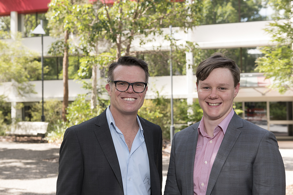 Griffith Law School student Myles Bayliss (left) with mentor Associate Professor Brett Freudenberg from the Griffith Business School.