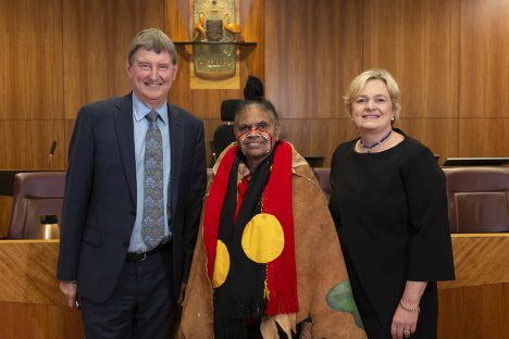 The Hon Justice Andrew Greenwood, Songwoman Maroochy and Associate Professor Therese Wilson.