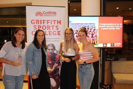 Kiri Lingman, Charlotte Kennington and Kahli Henwood received awards at the Griffith Sevens Celebration Night which was also attended by Shannon Parry.