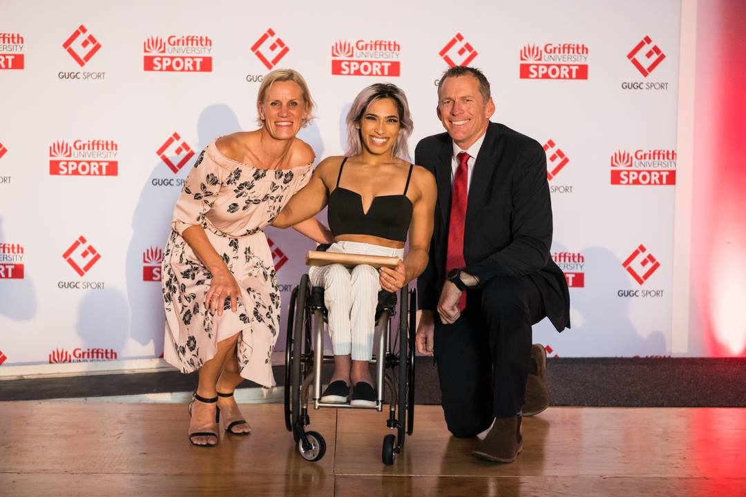 Business student Madison de Rozario, pictured here with Naomi McCarthy and Duncan Free at Griffith's Blues Awards, has also been named the Unisport Australia Outstanding Athlete for 2018.