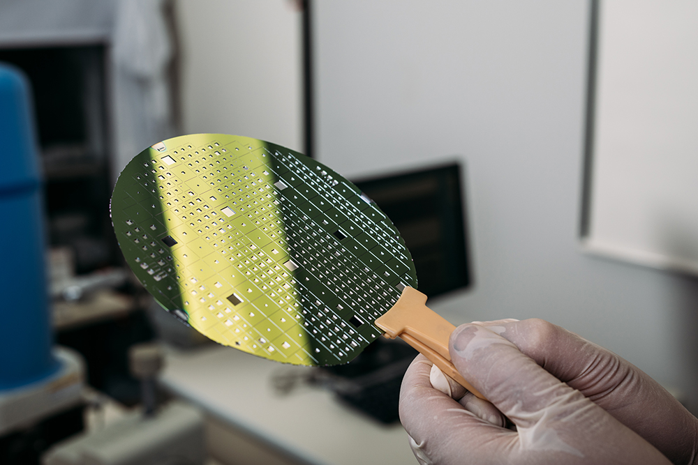 Silicon carbide devices on a wafer in the cleanroom facility at the QMNC.