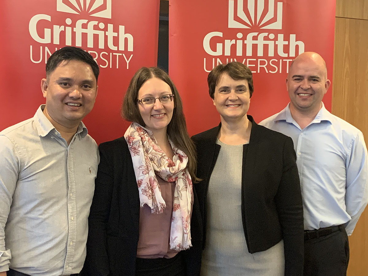 Vice Chancellor and President Professor Carolyn Evans with DECRA researchers Dr Henry Nguyen, Dr Laura Grogan and Dr Jamie Ranse.