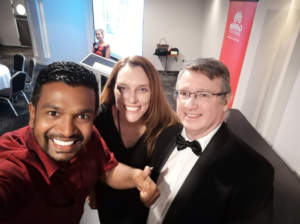 Australia Awards Short Course participant Madura Thivanka Pathirana with Deputy Director of Griffith University’s Griffith Institute for Tourism, Dr Sarah Gardiner and University of the Sunshine Coast Professor Noel Scott at the Southport Yacht Club on the Gold Coast for the farewell event.