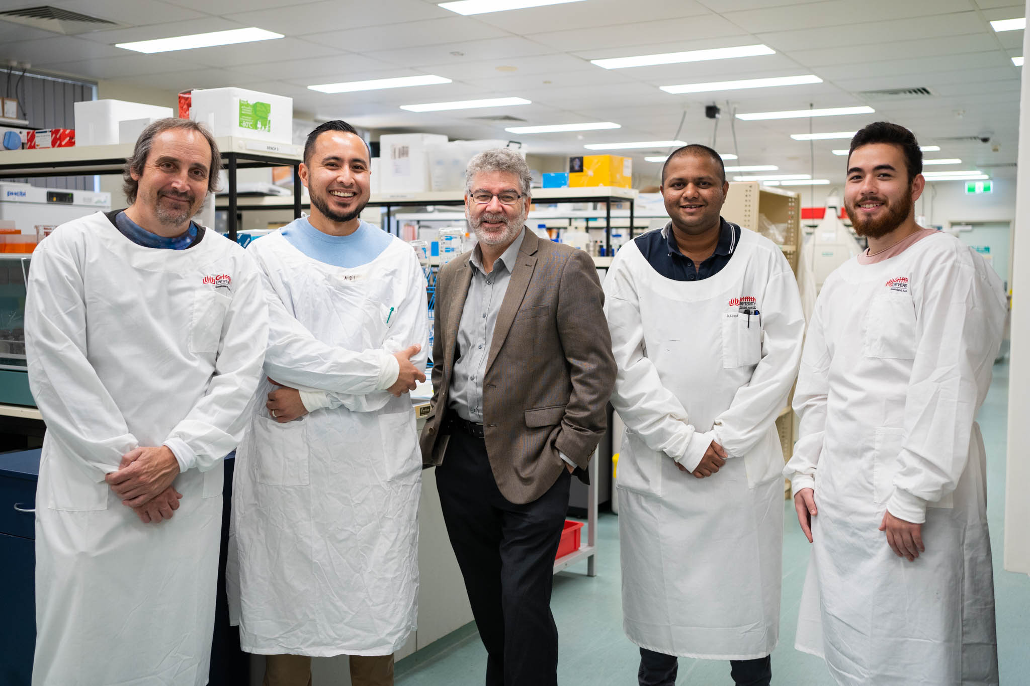 The COVID-19 antiviral research team Professor Kevin Morris, Dr Adi Idris, Professor Nigel McMillan, Dr Arron Supramanin and Mr Yusif Idres.